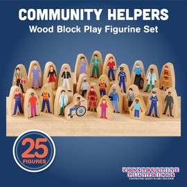 Constructive Playthings Wooden Community Helpers 25-Piece Wood Block Play Figurine Set, Freestanding Inclusive and Diverse Wood Toy Figures for Kids Ages 3+