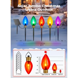 Brightown Solar Super Jumbo Christmas Lights Outdoor - 22FT 10 LED Jumbo C9 Christmas Pathway Lights with Timer,8 Modes, Solar Christmas Outdoor Decorations for Lawn Walkway Outside, Multicolor