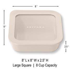 BRIVARA HOME Ceramic Coated Glass Food Storage Container | No PTFE, PFOA, PFAS, and BPA | Reusable Non Toxic Meal Prep Container with Glass Lid | Easy To Store | 8 Cup Square [Crema]