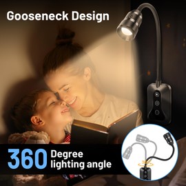 HUAEU Plug in Wall Mounted Reading Light, Book Light for Reading at Night, Reading Light for Books in Bed, 5 Color & Brightness Dimmable, Type-C Output, Flexible Gooseneck, Headboard Lamp for Bed