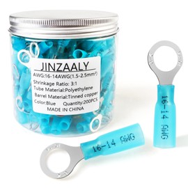 Jinzaaly 200 PCS Heat Shrink Ring Terminals 5/16" - Marine Grade Ring Connectors - Eyelet Wire Connectors -Blue 16-14AWG
