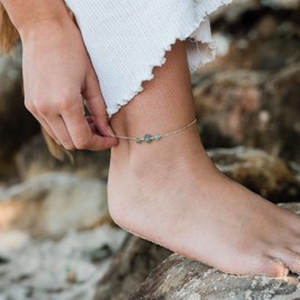 Aventurine Beaded Chain Anklet in Sterling Silver
