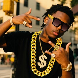 ULZ 90s Hip Hop Jewelry 80s Accessories for Men Costume Kit Rapper Party Outfits Accessories Gold