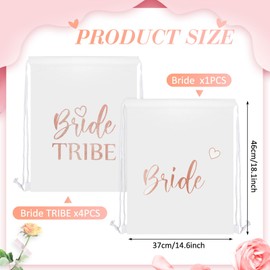 Weewooday Pack of 5 Cotton and Linen Bridal Gym Bags with Drawstring Including 1 Bride Bag and 4 Bride Tribe Backpack Canvas Bridal Shower Gifts for JGA Wedding Engagement, White with Tanning Rose