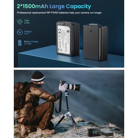 FirstPower NP-FW50 Battery 2-Pack and 20W Fast Dual LCD Charger for Sony ZV-E10, Alpha A6400 A6000 A6300 A6500 A5100 A5000, A7 II, A7, A7S II, A7S, A7R II, A7R, RX10 II III IV Camera