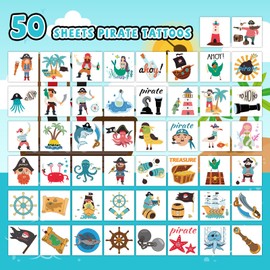 EMOME 50 Sheets Individually Wrapped Pirate Tattoos for Kids Boys, Temporary Tattoos for Pirate Party Favors Supplies Decorations, Pirate Themed Party Decorations for Goodie Bags