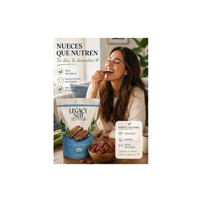 Nuez Pecana Orgánica, 1 lb (454g), Certificada USDA Organic, Pecanas