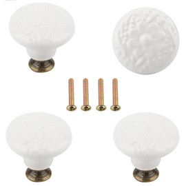 Brosay Ceramic Flower Drawer Knobs Decorative Vintage Style Handles for Kitchen Cabinets Dressers Cupboards Wardrobe Door Pulls 4Pcs (White)
