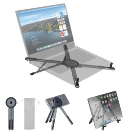 Laptop Stand, PC Stand, Tablet Stand, Foldable, Ergonomic, 8 Levels of Height & Angle Adjustment, Anti-Slip Design, Lightweight, Aluminum, Easy to Carry, Includes Stick-on Magnetic Ring, Compatible