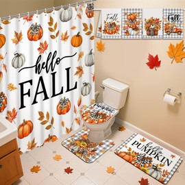 SmoothNovelty 8 Pcs Hello Fall Shower Curtain Set Fall Pumpkin Bathroom Curtain with 12 Hooks Autumn Harvest Bath Non-Slip Rugs Toilet Lid Cover Bath Waterproof Mat for Thanksgiving Bathroom Decor