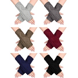 SATINIOR 6 Pairs Women's Fingerless Gloves Knit Half Gloves with Finger Holes Typing Wrist Warmers (Black,Dark Grey,Light Grey,Khaki,Navy Blue,Wine Red)