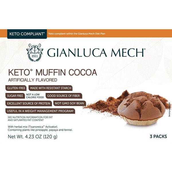 Gianluca Mech - Keto Italian Muffin with Cocoa Flavor and Chocolate Chips, Low Carb Snack, Glycemic Friendly and Sugar Free, Ideal for Diabetes Control, High Protein Content, 3x40gr