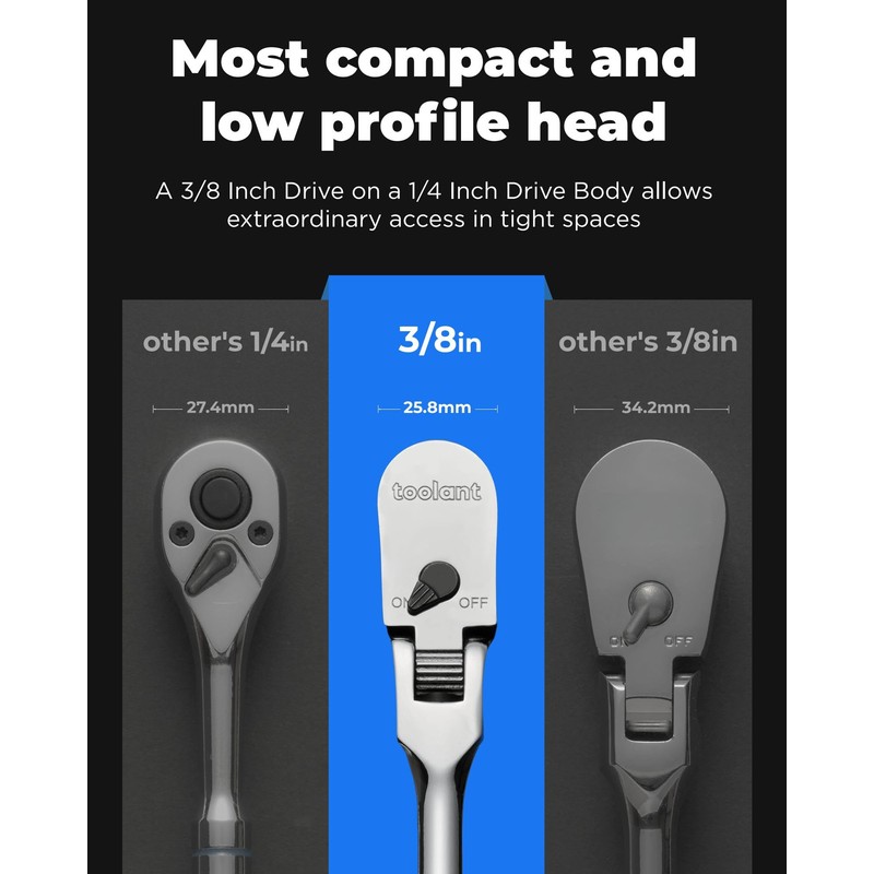 toolant 1/2" Drive Flex Head Ratchet, 90 Tooth Compact Flex