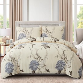 Marina Decoration Ultra Soft Silky Zipper Rich Printed Rayon from Bamboo All Season 3 Pieces Duvet Cover Set with 2 Pillowcases, Blue Chrysanthemum Floral Pattern Double/Full Size