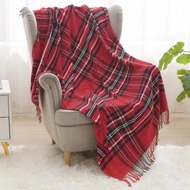 Jemsia Throw Blanket with Tassels for Sofa Bed Car Travel Cover,Cozy Warm Red Tartan Plaid Pattern Check Christmas Blanket Throws Home Decorative Blankets for Couch, Armchairs, 127 x 152cm