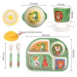 Shopwithgreen Bamboo Kids Dinnerware Set, 7Pcs/Set Kids Dishes, Baby Plate Bowl Cup Spoon Fork Feeding Set Dishware, Eco-Friendly Cartoon Tableware for Children, Dishwasher Safe, BPA Free(Kangaroo)