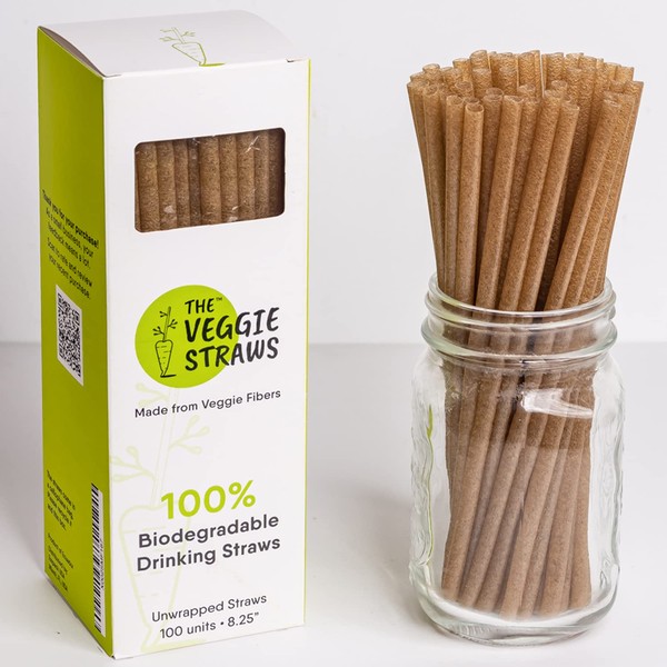 The Veggie Straws – 100 PCS of 8.25 Inches Unwrapped Biodegradable Straws – Made of Vegetable Fibers, Best Environment Friendly Drinking Straws for Hot and Cold Beverages