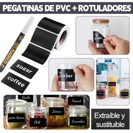 DOTOTO Etiquetas adhesivas pizarra, 180 unidades etiquetas para tarros de cocina, adhesivos removibles reutilizables, 1 tiza blanca para el hogar, la oficina y tarros de especias