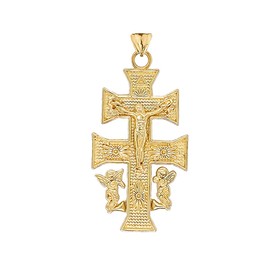 Middle Eastern Jewelry Certified 10k Yellow Gold Caravaca Double Cross Crucifix Pendant