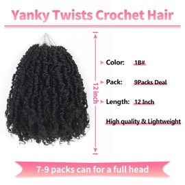 Alaleibaby 9 Packs Yanky Twist 12 inch Crochet Hair Pre-Twisted Curly Braiding Hair Extensions Pre-looped brown Yanky Twists Hair with Curls (1B, 12 Inch (Pack of 9))