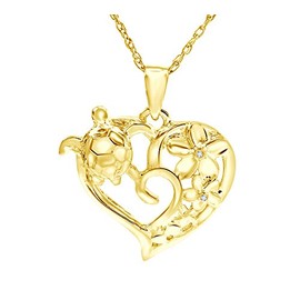 AFFY Cubic Zirconia Plumeria Flower Sea Turtle Honu Heart Pendant in 14K Yellow Gold Over Sterling Silver