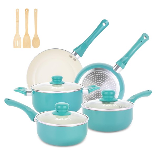 M MELENTA Pots and Pans Set Nonstick, 11pcs Kitchen Cookware Sets Induction Cookware, Ceramic Non Stick Cooking Set, Stay Cool Handle & Bamboo Kitchen Utensils, 100% PFOA Free, Turquoise