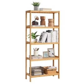 MOTION 5-Tier Bamboo Shelf, Narrow Storage Organizer for Home, Office, Bathroom or Kitchen, Durable Book Rack with Natural Bamboo Construction for Books, Plants, Decor