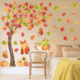 Whaline Fall Wall Stickers Watercolor Large Tree Wall Art Decals Maple Leaves Pumpkin Squirrel Self-Adhesive Wallpaper Stickers for Bedroom TV Wall Baby Nursery Autumn Party Decoration, 6 Sheet