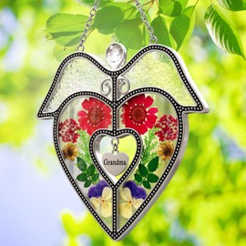 KY&BOSAM Heart Suncatcher Grandma Gift Angel Stained Glass Panles for Windows Hangings Ornament Sun Catchers with Pressed Real Flower Heart Embedded in Glass Birthday Gifts for Nana Mother`s Day Decor