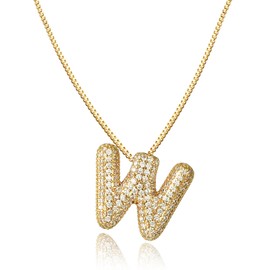 AFSTALR Women's bubble letter chain gold/silver ice out balon necklace with initial pendant bubble jewellery 45 + 5 cm, Stainless Steel