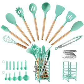 hecef Kitchen Utensils Set, 32 PCS Silicone Cooking Utensils Set with Stainless Steel Holder, 446°F Heat Resistant Food Grade Kitchen Gadgets Tools Set Wooden Handle for Nonstick Cookware (Green)