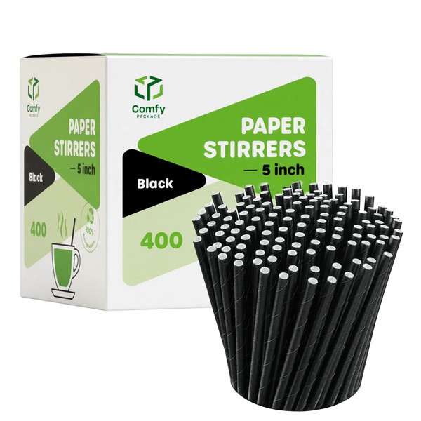 [400 Pack] 100% Biodegradable Paper Sip Stirrers/Straws - Black - for Cocktail & Coffee