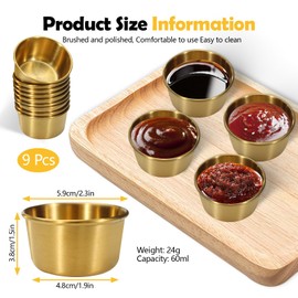 Huakaile 9 Pcs 2 oz Stainless Steel Dipping Sauce Cup, Mini Dip Bowls, Reusable Metal Condiment Cups Ramekins Containers for Ketchup Dressing Home Party Restaurant Kitchen, Gold