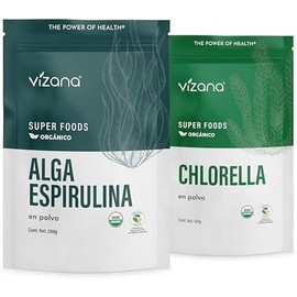 VIZANA NUTRITION  Chlorella y Espirulina Orgánica Certificadas USDA en Polvo 300g, (Pack- 1 Bolsa de Chlorella 100gr y 1 Bolsa de Espirulina 200 gr)