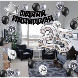 Fechy Black Silver 25th Birthday Decorations for Men, 'HAPPY BIRTHDAY' Banner, Number 25 Balloons, Star Foil Balloons, Metallic Silver & Black Confetti Ribbon