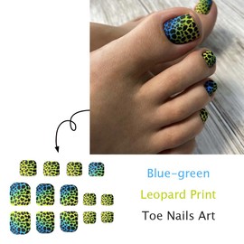 Leopard Press on Toenails Short Square Fake Toe Nails with Ombre Blue Green Design Spring False Toenails Glossy Summer Glue on Toenails Cute Full Cover Stick on Toenails for Women Girls Manicure 24Pcs