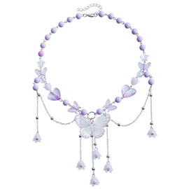 Y2K Pink/Purple Butterfly Choker Necklace Imitaion Pearl Acrylic Love Heart Beaded Chain Collar Necklace Tulip Flower Tassels Pendant Necklace for Women Party Prom (purple)