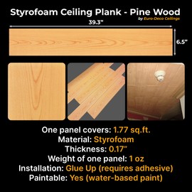 DIY Glue Up Ceiling Panels | Foam Planks | Decorative Tiles - 39.3" x 6.5", Pack of 12 PCS (14 Sq.FT) (Pine Wood (P01))