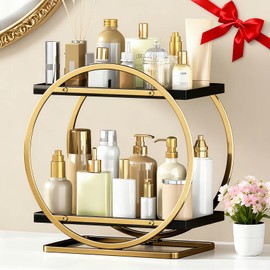 YIWANFW Makeup Organizer for Vanity, Black Gold Perfume Organizer for Dresser, 2-Tier Bathroom Countertop Organizers, Bathroom Counter Shelf Skincare Holder Perfume Tray Cosmetic Display