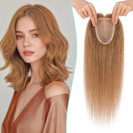 Benehair 100% Remy Human Hair Toppers for Women, 9 * 12CM Silk Base Hairpieces No Bangs 150% Density for Thinning Hair Light Brown 10 Inch