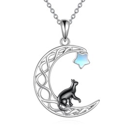 DAYLINLOVE Cat Necklace 925 Sterling Silver Black Cat Moonstone Celtic Knot Pendant Necklace Cat Jewelry Gift for Women Cat Lovers