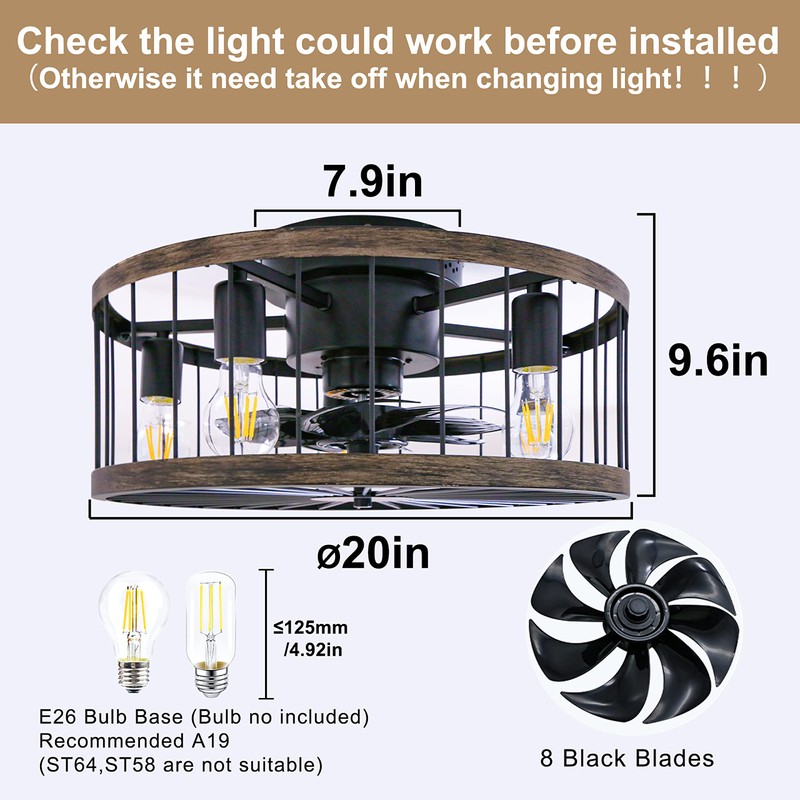 Ohniyou Flush Mount Caged Ceiling Fan with Lights Remote Control,
