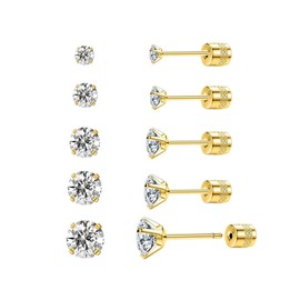 QXXPVV 5Pairs 20G Threadless Flat Back Stud Earrings, Hypoallergenic Cubic Zirconia Silver Gold Black Stud Earrings Surgical Stainless Steel Stud Earrings for Women Men (Gold)