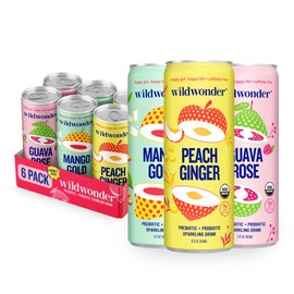 wildwonder Sparkling Probiotic Drink 6pk, For Gut Health & Immune Support, Classic Variety Pack, 5g Prebiotic Fiber, Live Probiotics, Organic, Vegan, Low Sugar, 6 Pack, 12oz Can, Seen on Shark Tank
