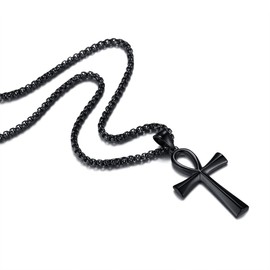 REVEMCN Men's Stainless Steel Black Gold Silver Coptic Ankh Cross Pendant Chain Necklace for Men Women Egyptian Religious jewelry Gifts, 20-24 Inches Box Chain, 22 Inches Chain, Stainless Steel, No Gemstone