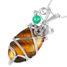 KYEYGWO Crystal Stone Pendant Necklace Wire Wrapped Energy Healing Pendant with Chain for Chakra Balancing, Tiger's Eye, stone