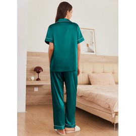 Ekouaer Silk Ladies Pajamas Sets Comfy Silk Pj Sets Short Sleeve Button Pjs Green Satin Pajama Set Casual,L