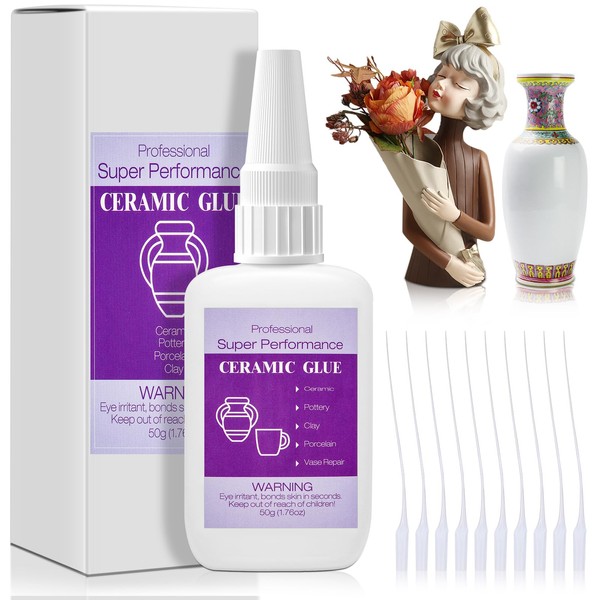 50g Ceramic Glue with Nozzle, Instant Strong Adhesive Glue Fast Drying Super Glue Gel for Porcelain Pottery Repair Bonding Ceramic Clay Vase Tiles DIY Crafts