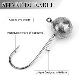 Pwsap 40 pieces jig hooks with round jig head, jig heads for rubber fish for predator fishing, with 10 pieces rubber fish, lead head fishing hooks set with different sizes 2 g, 3.5 g, 5 g, 7 g, 10 g,