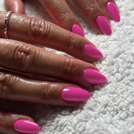 MABKJLF Short Press on Almond Nails - Pink Fake Full Cover Solid Color False Nails with Glue - Rose Pink Glossy Acrylic Manicure Artificial Nails for Women Girls - 24Pcs